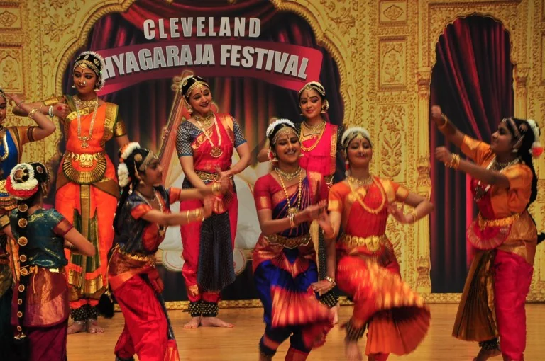 Bharatanatyam group performance on stage